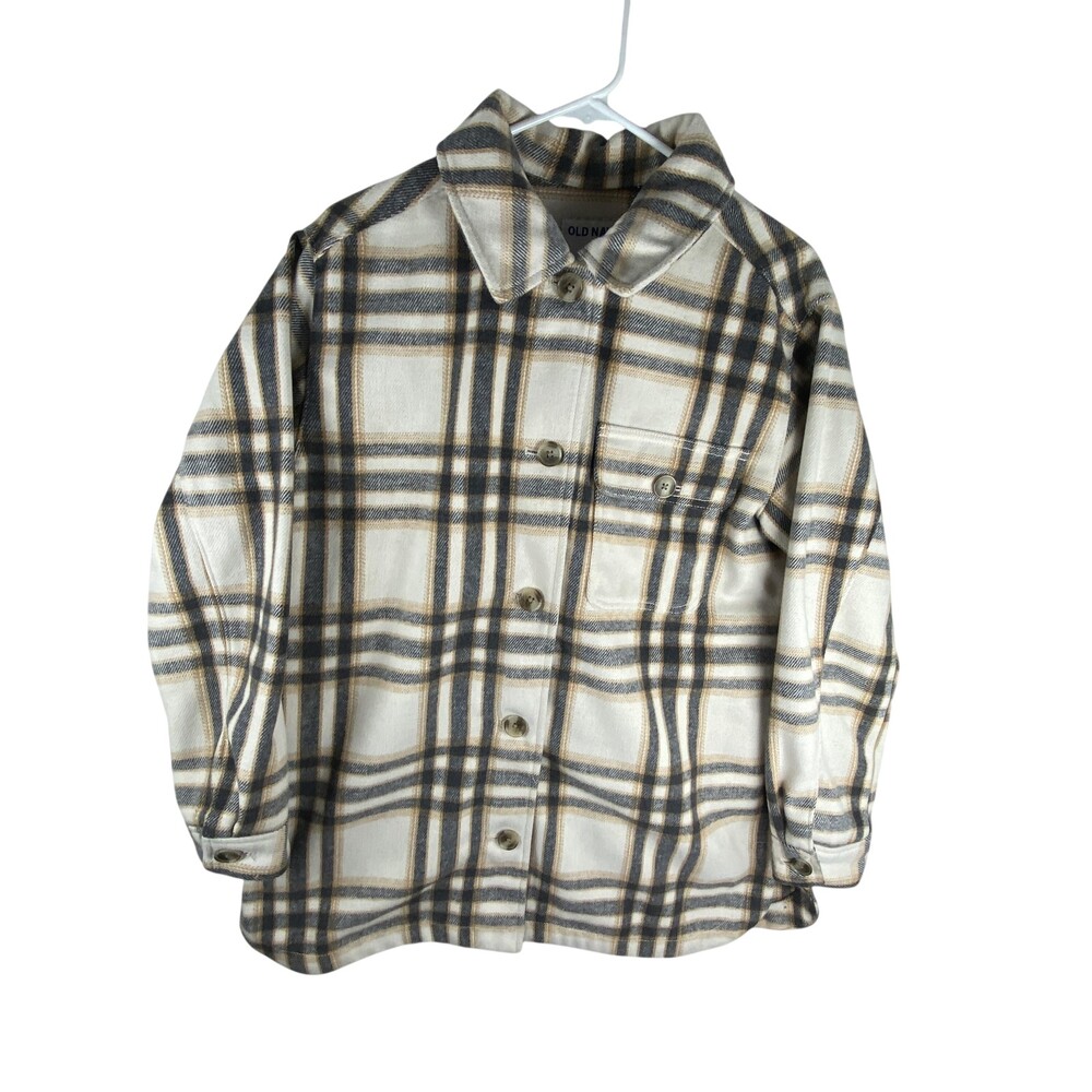 Old Navy Jacket Mens Medium Beige Plaid HEAVY Flannel Shirt Shacket Button Lined